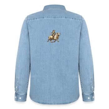 Western Rider on Sheep - Men’s Organic Denim Shirt by Stanley/Stella - light wash - Back - AI Model Male 185 light (185cm)