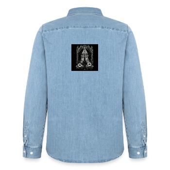 Alchemical Hands in Prayer and Mystical Eye - Men’s Organic Denim Shirt by Stanley/Stella - light wash - Back - AI Model Male 185 light (185cm)