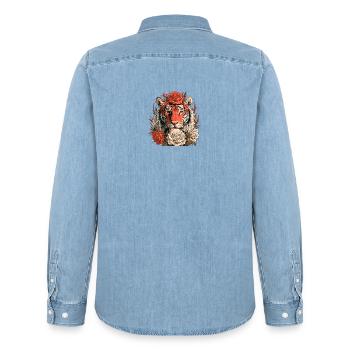 Tiger mit Blumenkrone - Männer Jeanshemd Organic von Stanley/Stella - verwaschenes Hellblau - Hinten - AI Model Male 185 light (185cm)