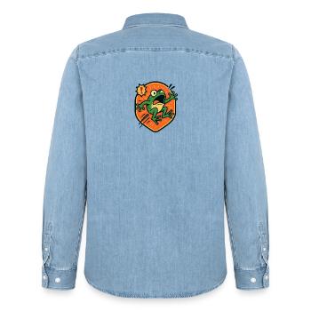 Badge Panic Frog - Chemise en denim homme bio Stanley/Stella - bleu clair délavé - Dos - AI Model Male 185 light (185cm)