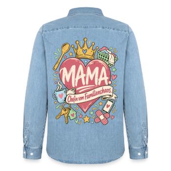 Mama Chefin vom Familienchaos - Männer Jeanshemd Organic von Stanley/Stella - verwaschenes Hellblau - Hinten - AI Model Male 185 light (185cm)