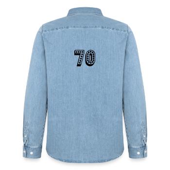 ANNIVERSARY. HAPPY BIRTHDAY. HAPPY BIRTHDAY. - Men’s Organic Denim Shirt by Stanley/Stella - light wash - Back - AI Model Male 185 light (185cm)
