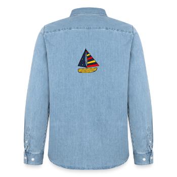 HOLIDAY. HAPPY HOLIDAYS. MISTRESS. MASTER. TEACHER - Men’s Organic Denim Shirt by Stanley/Stella - light wash - Back - AI Model Male 185 light (185cm)
