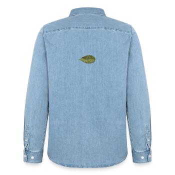 Leaf Structure Olive Green Pattern - Men’s Organic Denim Shirt by Stanley/Stella - light wash - Back - AI Model Male 185 light (185cm)
