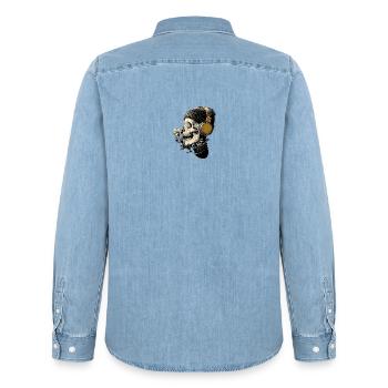 Casque tête de mort avec fleur - Chemise en denim homme bio Stanley/Stella - bleu clair délavé - Dos - AI Model Male 185 light (185cm)