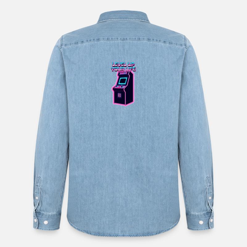 Level Up Your Life Neon Arcade - Männer Jeanshemd Organic von Stanley/Stella - verwaschenes Hellblau