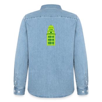 Retro Green Tower Clock - Men’s Organic Denim Shirt by Stanley/Stella - light wash - Back - AI Model Male 185 light (185cm)