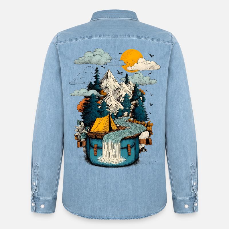 Mountain Lake Path - Camping Backpacker Motif - Men’s Organic Denim Shirt by Stanley/Stella - light wash