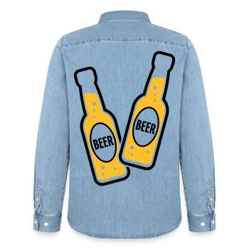 2 Toasting Beer Bottles (Beery / POS 2C) - Men’s Organic Denim Shirt by Stanley/Stella - light wash - Back - AI Model Male 185 light (185cm)