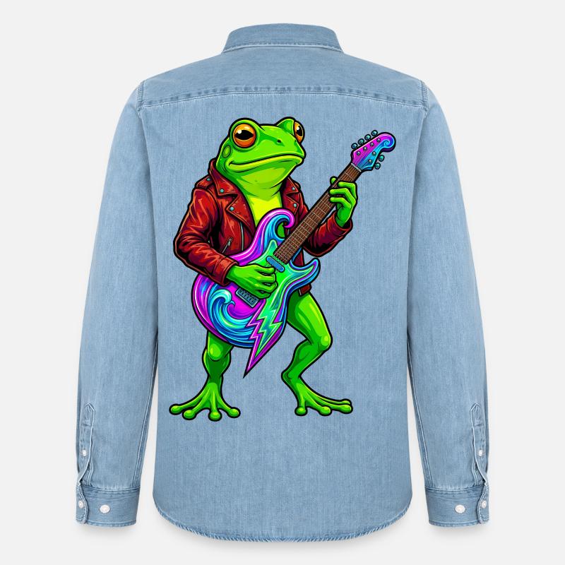Frosch mit Jacke und Neon E-Gitarre - Männer Jeanshemd Organic von Stanley/Stella - verwaschenes Hellblau