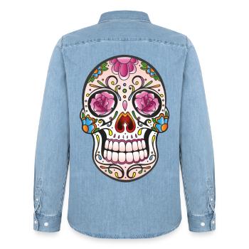 Mexican Sugar Skull, day of the dead - Men’s Organic Denim Shirt by Stanley/Stella - light wash - Back - AI Model Male 185 light (185cm)