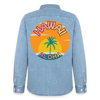 Hawaii Aloha Sunset with Palm Tree - Men’s Organic Denim Shirt by Stanley/Stella - light wash - Back - AI Model Male 185 light (185cm)