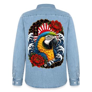 Ara Papagei im japanischen Irezumi Tattoo Stil - Männer Jeanshemd Organic von Stanley/Stella - verwaschenes Hellblau - Hinten - AI Model Male 185 light (185cm)