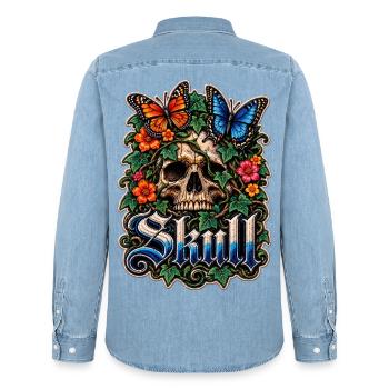 Blumen-Schädel mit Schmetterlingen - Männer Jeanshemd Organic von Stanley/Stella - verwaschenes Hellblau - Hinten - AI Model Male 185 light (185cm)