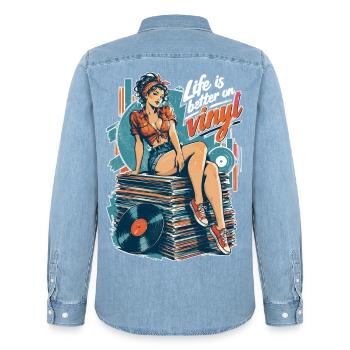 Life is better on vinyl - Pin-Up & Sneaker - Männer Jeanshemd Organic von Stanley/Stella - verwaschenes Hellblau - Hinten - AI Model Male 185 light (185cm)