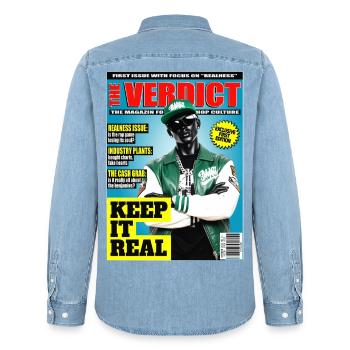 The Verdict Issue 01 Realness - Hip Hop Statement - Männer Jeanshemd Organic von Stanley/Stella - verwaschenes Hellblau - Hinten - AI Model Male 185 light (185cm)