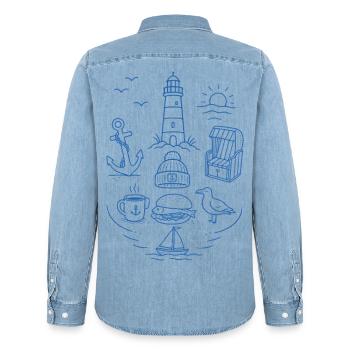 Maritimes Küstenmotiv - Männer Jeanshemd Organic von Stanley/Stella - verwaschenes Hellblau - Hinten - AI Model Male 185 light (185cm)