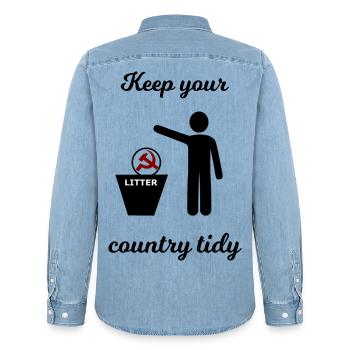 Socialism and Capitalism Funny - Men’s Organic Denim Shirt by Stanley/Stella - light wash - Back - AI Model Male 185 light (185cm)