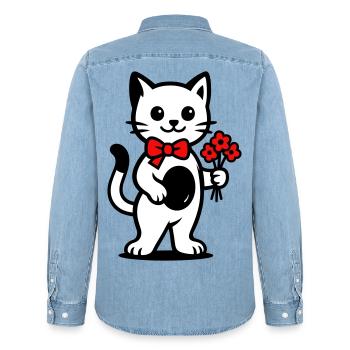 Kawaii Katzenfreund mit roter Schleife - Männer Jeanshemd Organic von Stanley/Stella - verwaschenes Hellblau - Hinten - AI Model Male 185 light (185cm)
