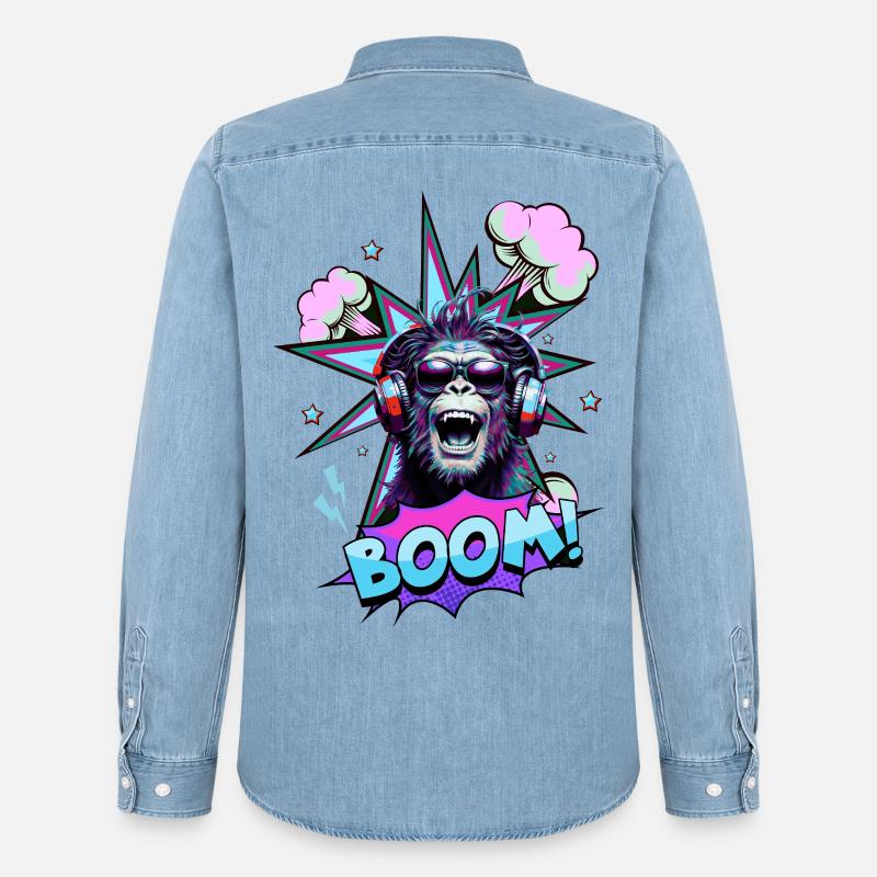 Neon Affe mit Kopfhörern BOOM! - Musik-Design - Männer Jeanshemd Organic von Stanley/Stella - verwaschenes Hellblau