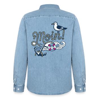 Moin mit_Moewe_und_Anker - Männer Jeanshemd Organic von Stanley/Stella - verwaschenes Hellblau - Hinten - AI Model Male 185 light (185cm)