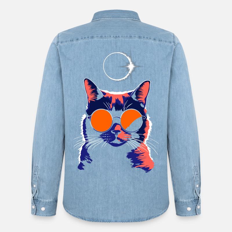 Katze Sonnenbrille Total Eclipse Cat - Männer Jeanshemd Organic von Stanley/Stella - verwaschenes Hellblau