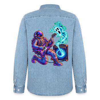 KOSMISCHER ROCKER | Geist im Verstärker - Männer Jeanshemd Organic von Stanley/Stella - verwaschenes Hellblau - Hinten - AI Model Male 185 light (185cm)