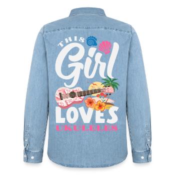 Funny Ukulele Designs and Sayings - Men’s Organic Denim Shirt by Stanley/Stella - light wash - Back - AI Model Male 185 light (185cm)