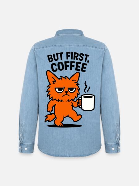 But first coffee cat - Männer Jeanshemd Organic von Stanley/Stella - verwaschenes Hellblau