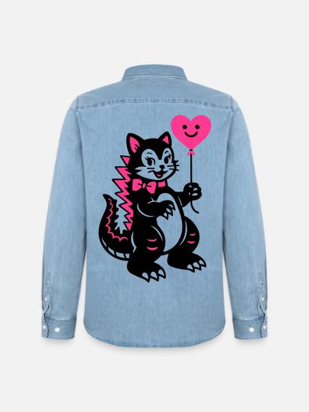 Monster Cat Pink - Men’s Organic Denim Shirt by Stanley/Stella - light wash