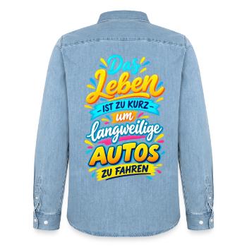 Das Leben ist zu kurz für langweilige Autos - Männer Jeanshemd Organic von Stanley/Stella - verwaschenes Hellblau - Hinten - AI Model Male 185 light (185cm)