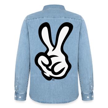 Signe de la main de la victoire (Main gauche / POS / 2C) - Chemise en denim homme bio Stanley/Stella - bleu clair délavé - Dos - AI Model Male 185 light (185cm)