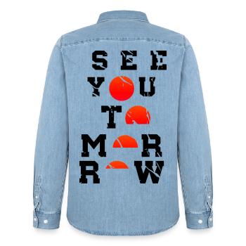 See You Tomorrow Inspiration Art Japan - Men’s Organic Denim Shirt by Stanley/Stella - light wash - Back - AI Model Male 185 light (185cm)