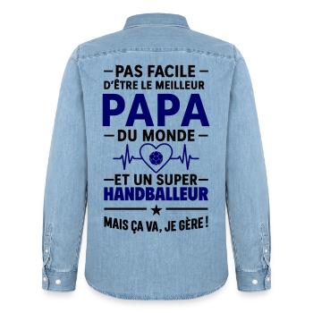 Heart + Handball – Super Papa Handball Player - Men’s Organic Denim Shirt by Stanley/Stella - light wash - Back - AI Model Male 185 light (185cm)
