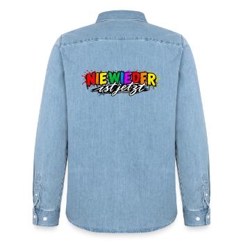 Nie Wieder ist Jetzt Graffiti - Männer Jeanshemd Organic von Stanley/Stella - verwaschenes Hellblau - Hinten - AI Model Male 185 light (185cm)