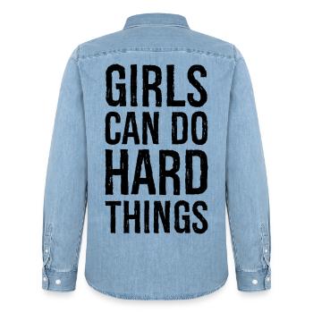 girls can do hard things - Men’s Organic Denim Shirt by Stanley/Stella - light wash - Back - AI Model Male 185 light (185cm)