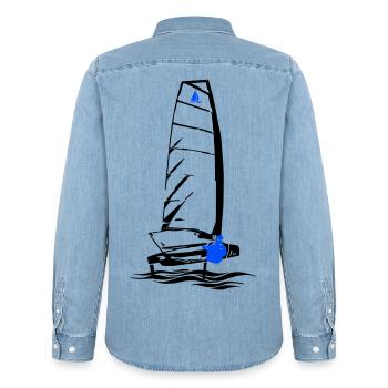 Foiling Moth Sailboat Foil Sailing Dinghy Moth - Men’s Organic Denim Shirt by Stanley/Stella - light wash - Back - AI Model Male 185 light (185cm)