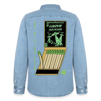 UFO Invasion Vintage Poster Design - Men’s Organic Denim Shirt by Stanley/Stella - light wash - Back - AI Model Male 185 light (185cm)
