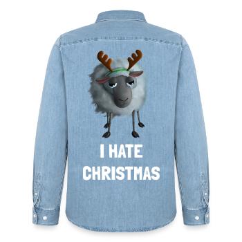 I hate Christmas Schaf - Weihnachtsmuffel Geweih - Männer Jeanshemd Organic von Stanley/Stella - verwaschenes Hellblau - Hinten - AI Model Male 185 light (185cm)