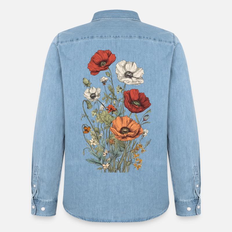 Wunderschönes Boho Mohn Herbarium Bouquet - Männer Jeanshemd Organic von Stanley/Stella - verwaschenes Hellblau