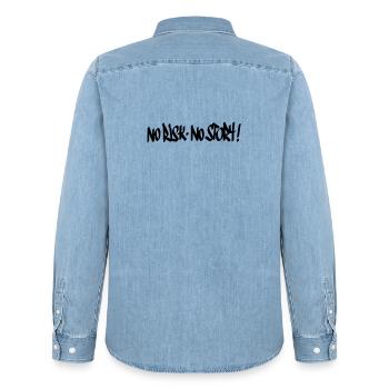 No Risk No Story Motto - Männer Jeanshemd Organic von Stanley/Stella - verwaschenes Hellblau - Hinten - AI Model Male 185 light (185cm)