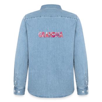 Grandmother Pink Plaid Letters Patchwork - Men’s Organic Denim Shirt by Stanley/Stella - light wash - Back - AI Model Male 185 light (185cm)