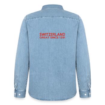 Suisse - Grande depuis 1291 - Schweiz - Schwiiz - Chemise en denim homme bio Stanley/Stella - bleu clair délavé - Dos - AI Model Male 185 light (185cm)