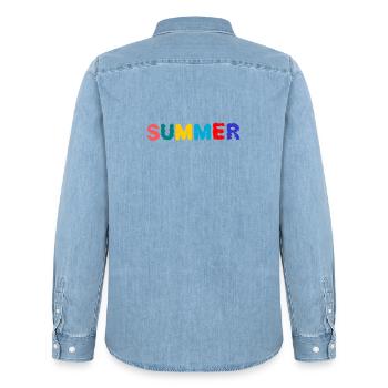 MISTRESS. MASTER. TEACHER. SCHOOL - Men’s Organic Denim Shirt by Stanley/Stella - light wash - Back - AI Model Male 185 light (185cm)