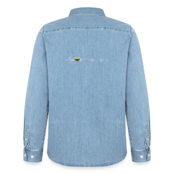 Rainbow Heartbeat Pride - Men’s Organic Denim Shirt by Stanley/Stella - light wash - Back - AI Model Male 185 light (185cm)