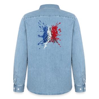 Eiffel Tower Flag France ✅ Tour Eiffel Flag ✔ - Men’s Organic Denim Shirt by Stanley/Stella - light wash - Back - AI Model Male 185 light (185cm)