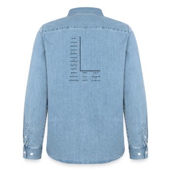 Love on many different languages - Men’s Organic Denim Shirt by Stanley/Stella - light wash - Back - AI Model Male 185 light (185cm)