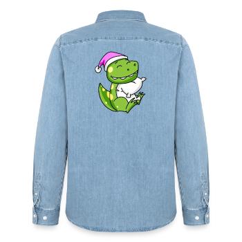 Dinosaurier mit Kissen und Schlafmütze - Männer Jeanshemd Organic von Stanley/Stella - verwaschenes Hellblau - Hinten - AI Model Male 185 light (185cm)