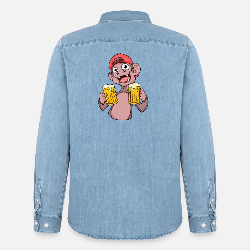 Affe mit Biergläser - Männer Jeanshemd Organic von Stanley/Stella - verwaschenes Hellblau