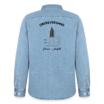 Obereversand Lighthouse, Dorum-Neufeld, North Sea - Men’s Organic Denim Shirt by Stanley/Stella - light wash - Back - AI Model Male 185 light (185cm)